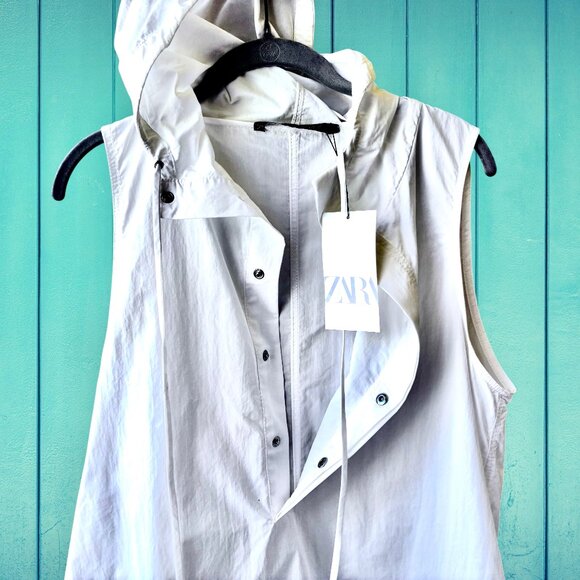 ZARA White Shirt Dress Tunic Top Hood Sleeveless Snap Cinch Hem Medium NEW - Picture 10 of 16